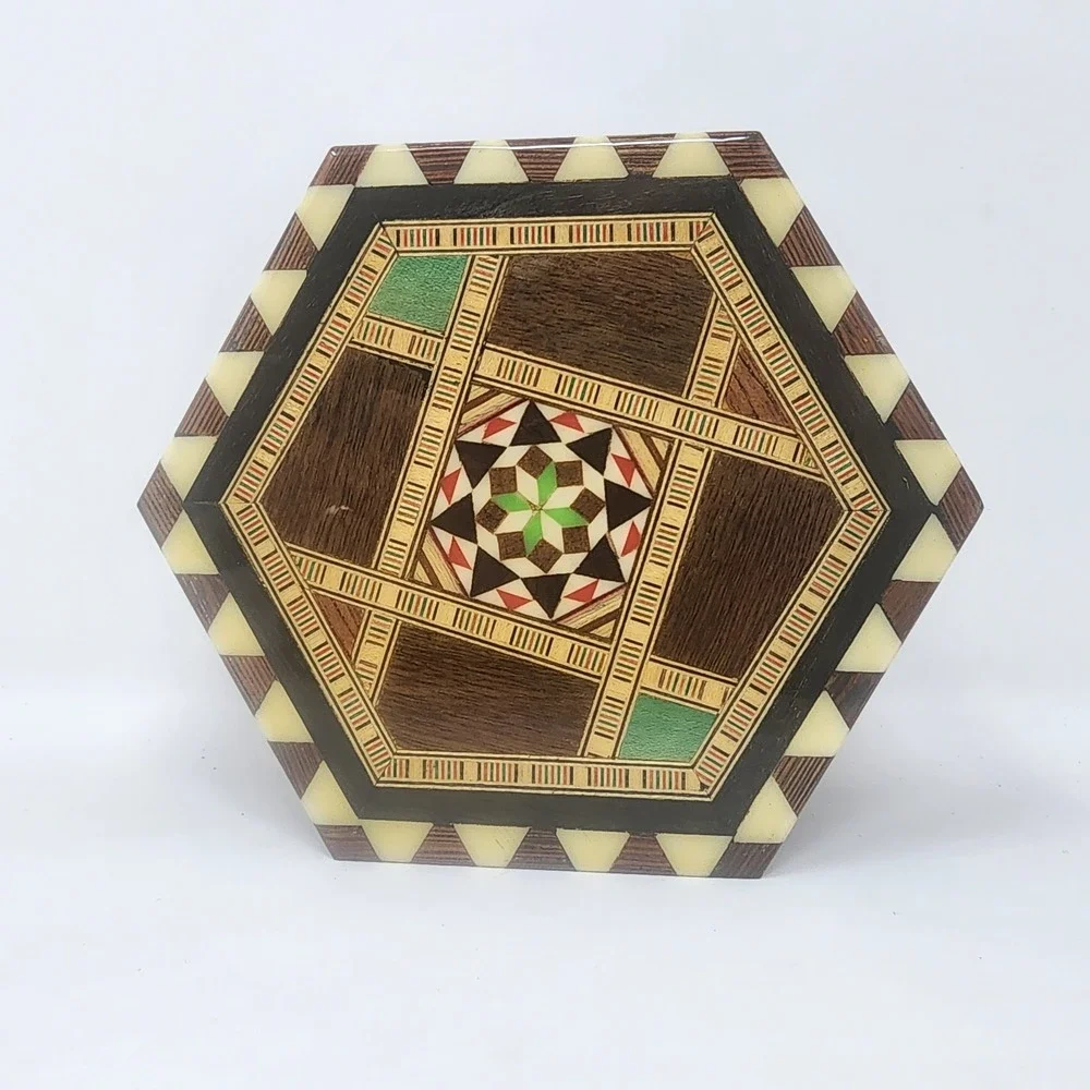 Handmade Music Jewelry Box Wood‎ Inlay Taracea Marquetry Hexagon Shape Spain